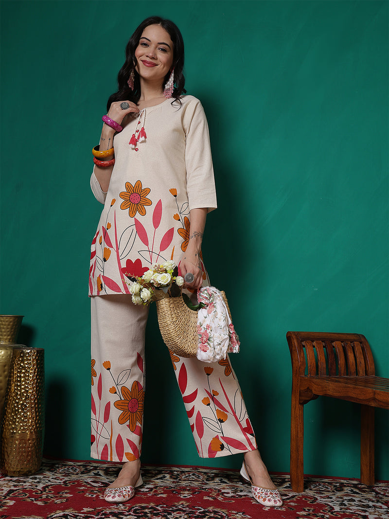 Women Cotton Flex Floral Printed Top with Trouser Co-ord Set