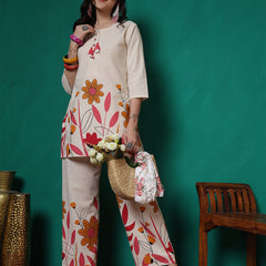 Women Cotton Flex Floral Printed Top with Trouser Co-ord Set