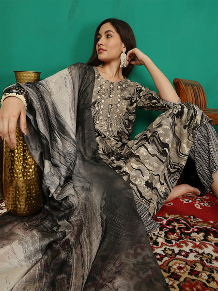 Women Black Yoke Embroidery Kurta with Trouser & Dupatta