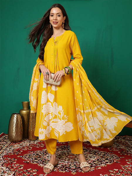 Women Mustard Discharge Printed A-line Kurta with Dupatta