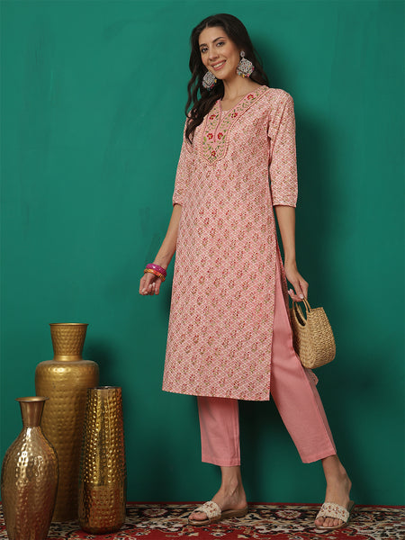 Women Pink Straight, Round Neck, Calf Length Kurta with Trouser