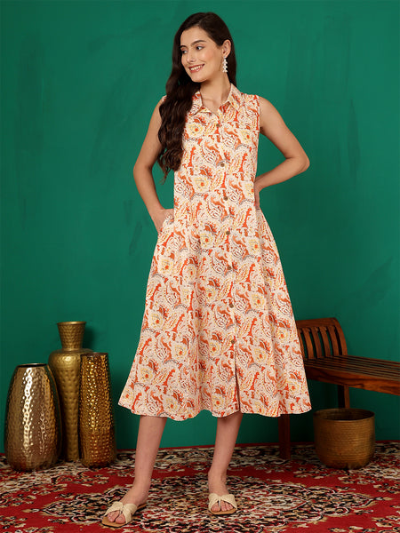 ANAISA Women Printed Cotton Sleeveless, Collar Neck, Calf Length Midi Summer Dress