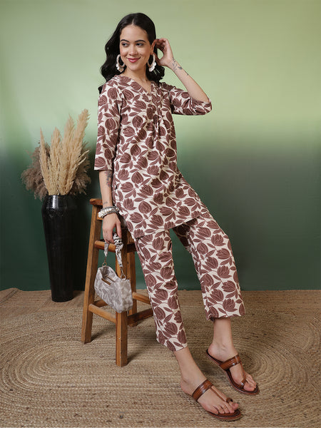 Women Blue Cotton Flex Floral Printed Top with Trouser Co-ord Set