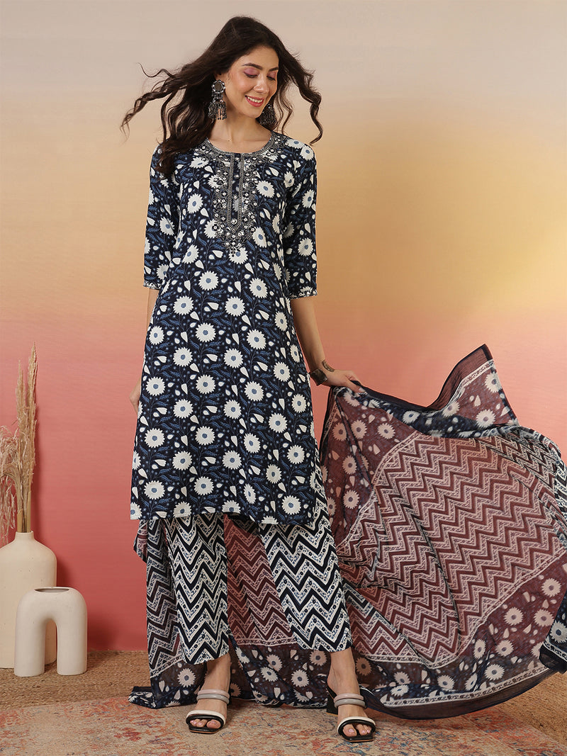 Women Floral Printed Blue Kurta With Trouser & Dupatta