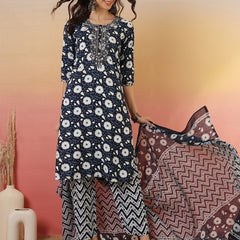 Women Floral Printed Blue Kurta With Trouser & Dupatta