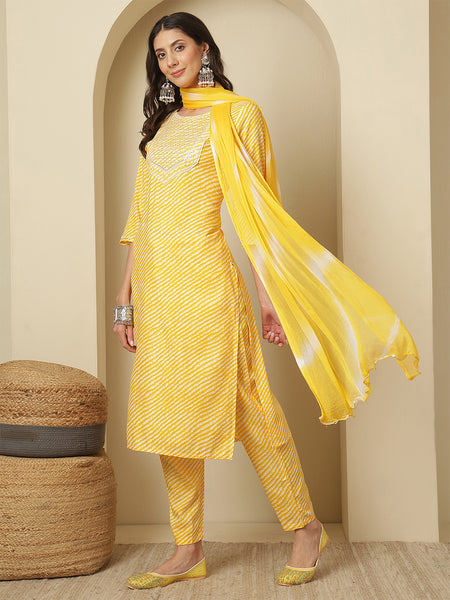Women Cotton Yellow Printed Kurta with Trouser & Dupatta