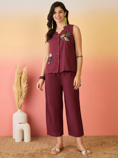 Women Cotton Maroon Embroidery Top With Trouser Co-ord Set