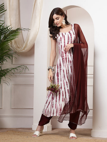 Women Wine Tie_Die Printed A_Line Kurta With Solid Bottom And Dupatta
