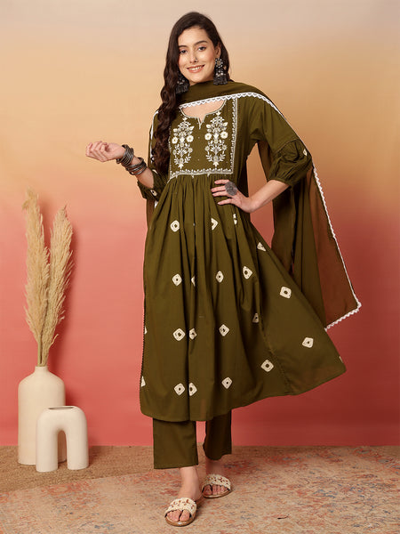 Women Cotton Olive Green Embroidery Anarkali Kurta with Trouser & Dupatta