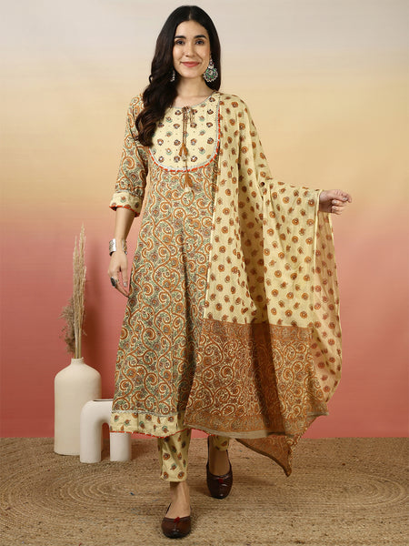 Women Beige Printed Anarkali Kurta With Pant & Dupatta