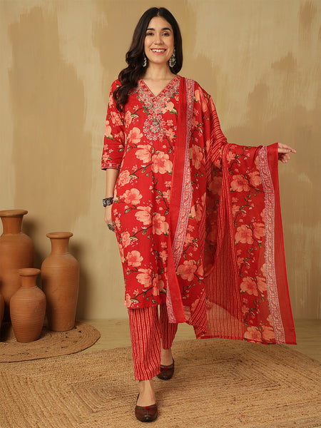 Women Red Floral Printed Yoke Embroidery V-neck Kurta With Trouser & Dupatta