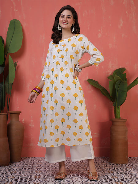 Women Cotton White & Orange Floral Printed A-line Kurta with Trosuer