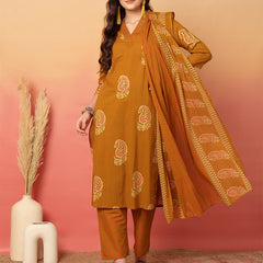 Women Mustard Cotton Printed V-neck Straight Kurta with Trouser & Dupatta