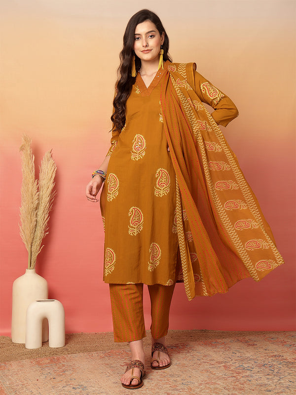 Women Mustard Cotton Printed V-neck Straight Kurta with Trouser & Dupatta