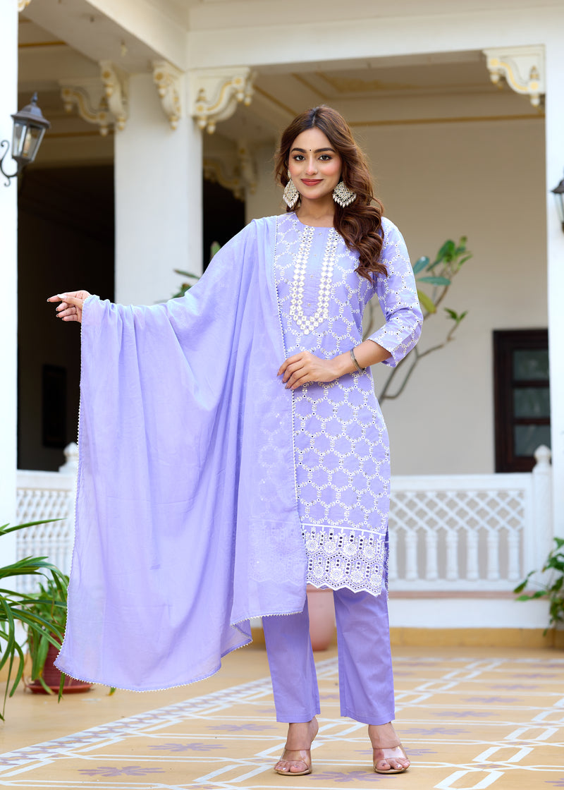 ANAISA Women cotton Schiffli embroidered Kurta with Trouser & Dupatta
