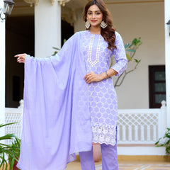 ANAISA Women cotton Schiffli embroidered Kurta with Trouser & Dupatta