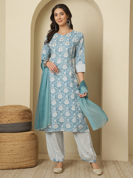 Women Blue Viscose Rayon Printed Round Neck Kurta with Trouser & Dupatta
