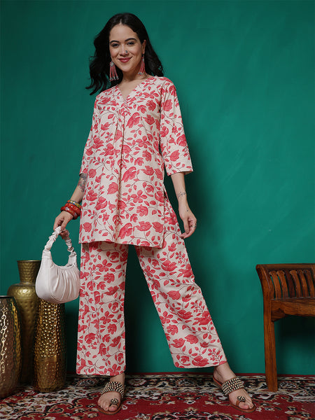 Women Pink Cotton Flex Printed Top with Trouser Co-ord Set