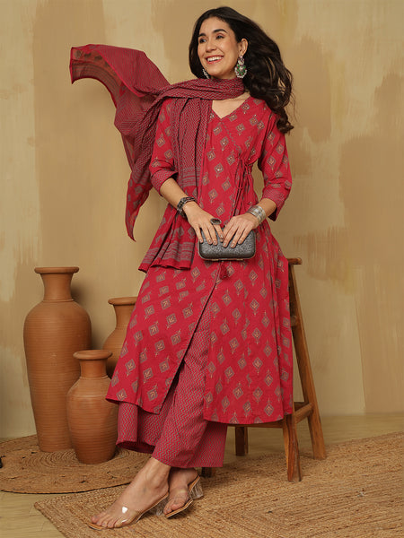 Women Red Block Printed A-line Kurta with Trouser & Dupatta
