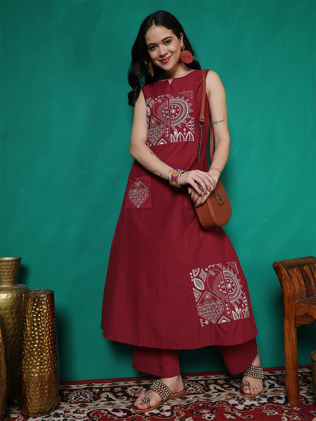 Women Cherry Red Pure Cotton Embroidery Kurta with attached sleeves and Palazzo Set