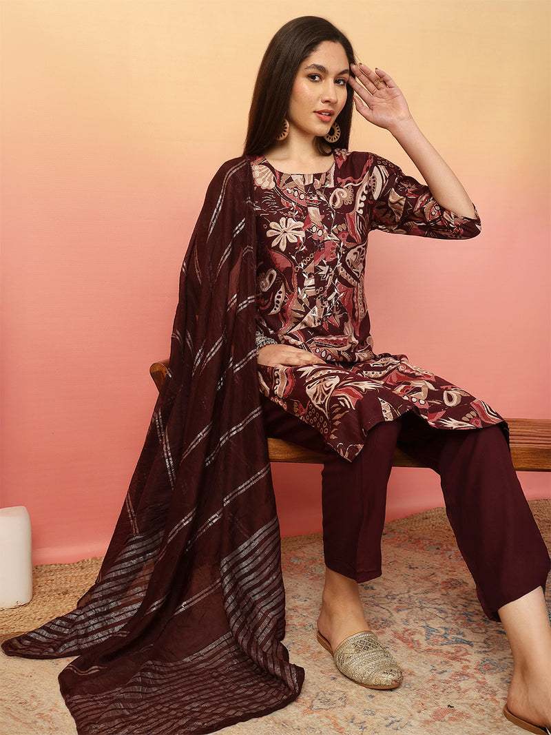 Women Wine Yoke Embroidery Kurta with Trouser & Dupatta
