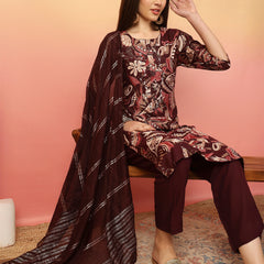 Women Wine Yoke Embroidery Kurta with Trouser & Dupatta