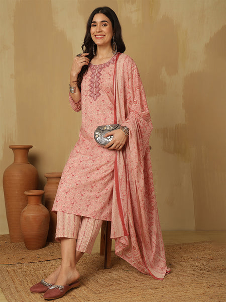 Women Pink Yoke Embroidery Printed kurta with trouser & dupatta