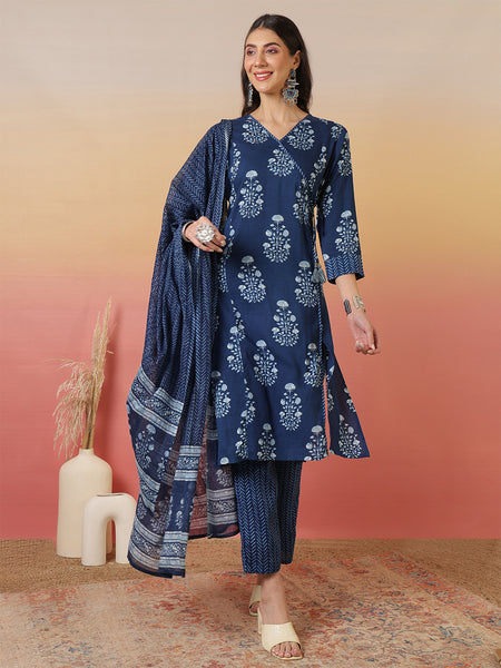 Women Blue Block Printed Front Slit Kurta With Palazzo Pant & Dupatta