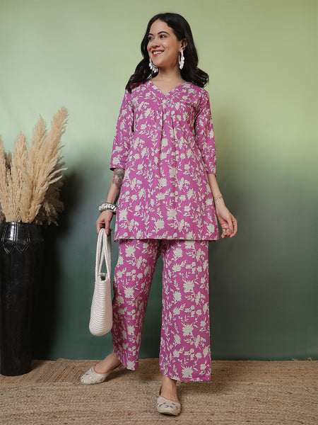 Women Blue Cotton Flex Printed Top with Trouser Co-ord Set: