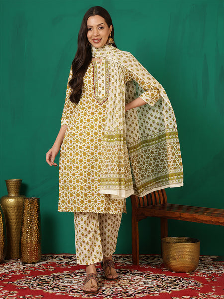 Women Cotton Beige Printed Kurta with Trouser & Dupatta