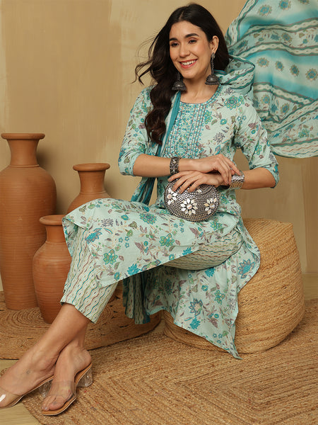 Women Blue Cotton Printed Kurta With Trouser & Dupatta