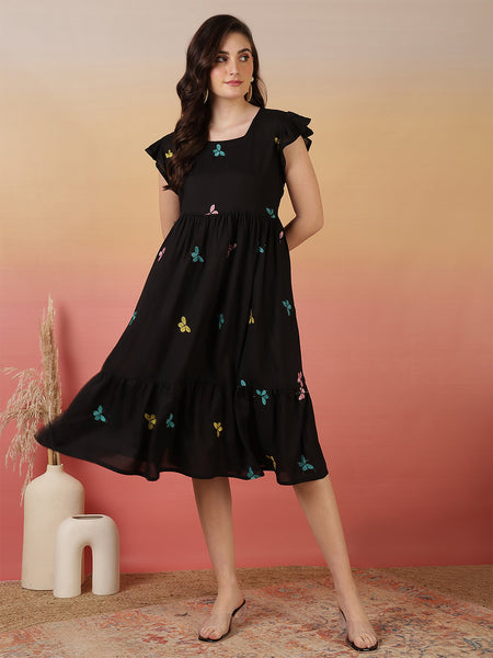 Women Cotton Embroidery Fit And Flare Dress
