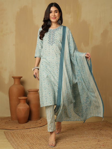 Women Blue Yoke Embroidery Printed kurta With Trouser & Dupatta