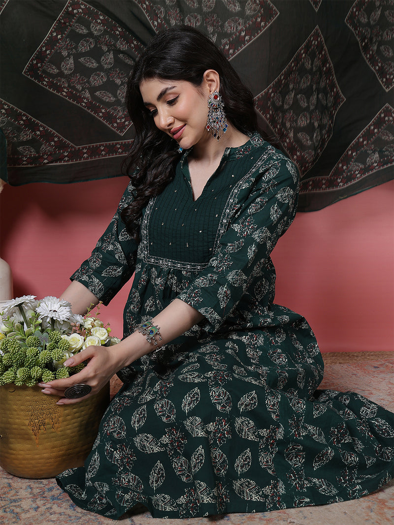 Women Green Floral Printed Hand Work Anarkali Kurta with Trouser & Dupatta