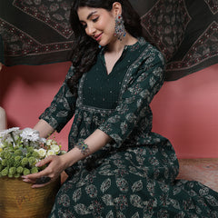 Women Green Floral Printed Hand Work Anarkali Kurta with Trouser & Dupatta