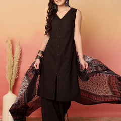 ANAISA Women Black Solid V-neck, Sleeveless, Calf Length Straight Fit Kurta with Palazzo & Dupatta