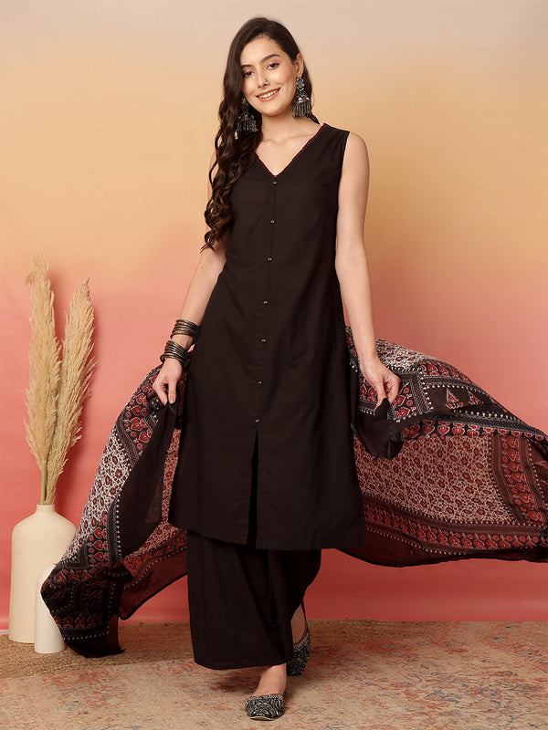ANAISA Women Black Solid V-neck, Sleeveless, Calf Length Straight Fit Kurta with Palazzo & Dupatta