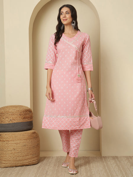 Women Cotton Pink Printed Angrakha Kurta with Trouser