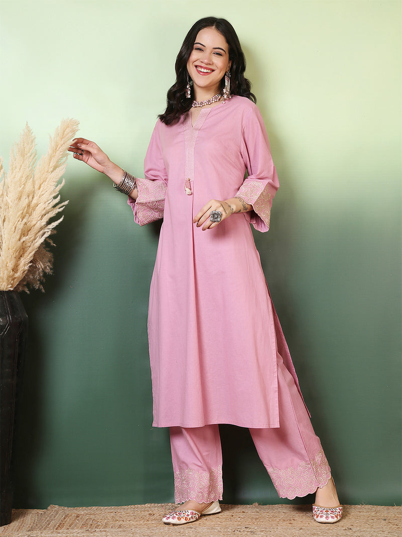 Women Cotton Flex Pink Kurta with Embroidery Sleeves and Trouser Set