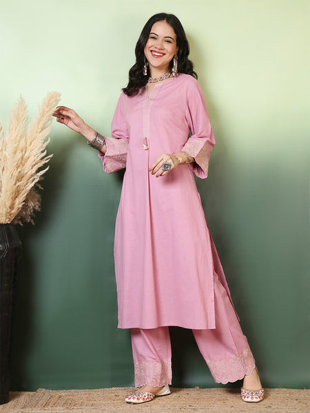 Women Cotton Flex Pink Kurta with Embroidery Sleeves and Trouser Set