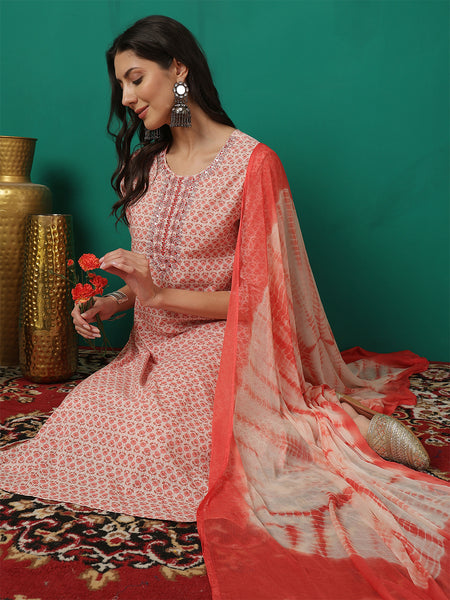 Women Orange Cotton Printed, Round Neck, 3/4 Sleeves, Calf Length Kurta with Trouser & Dupatta
