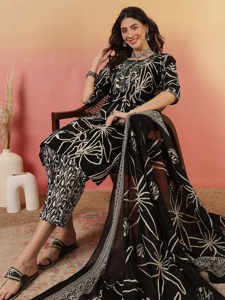 Women Abstract Printed Black Kurta with Trouser & Dupatta