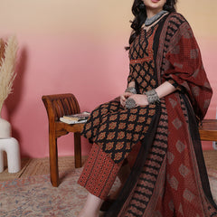 Women Black Cotton Hand Block Printed Kurta with Trouser & Dupatta