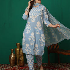 Women Iceblue Cotton Printed Round Neck Straight Kurta with Trouser & Dupatta
