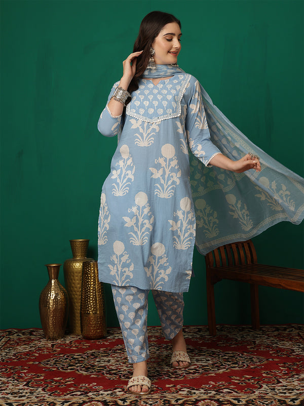 Women Iceblue Cotton Printed Round Neck Straight Kurta with Trouser & Dupatta