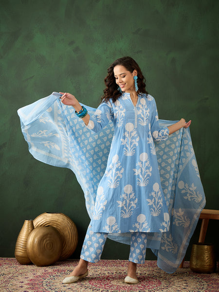 Women Cotton Light Blue Printed Hand Work Yoke Staright Kurta with Printed Trouser & Dupatta
