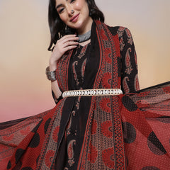 Women Black Block Printed Kurta with Trouser & Dupatta