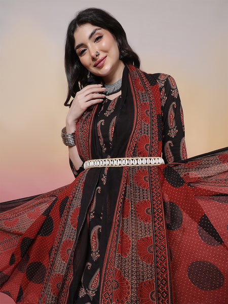 Women Black Block Printed Kurta with Trouser & Dupatta