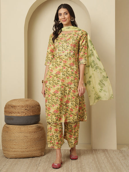 Viscose Rayon Yellow Printed, Round Neck Kurta with Trouser & Dupatta