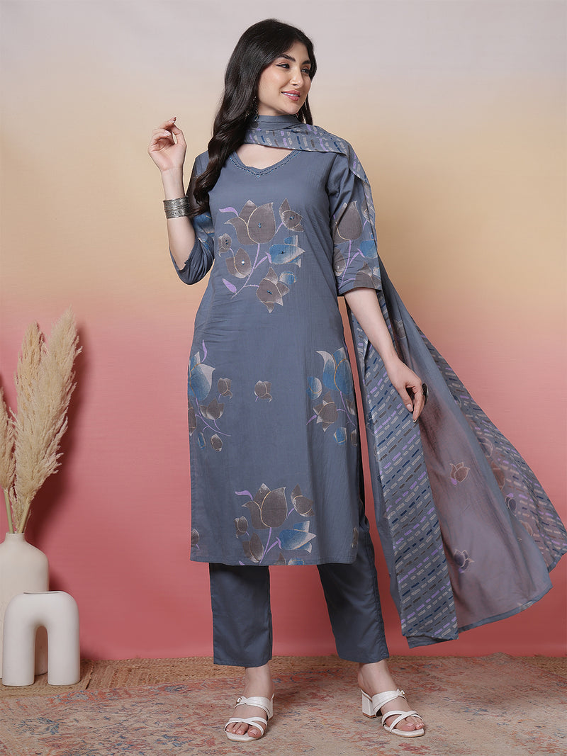 Women Coral Cotton Placement Printed Hand Work Kurta with Trouser & Dupatta